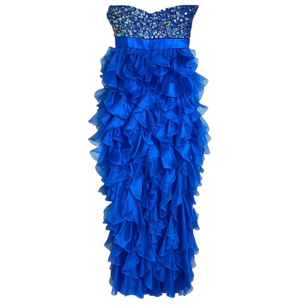 Sherri Hill Royal Blue Strapless Beaded Ruffle Hi-Low Gown Dress Size 6 - Picture 2 of 5